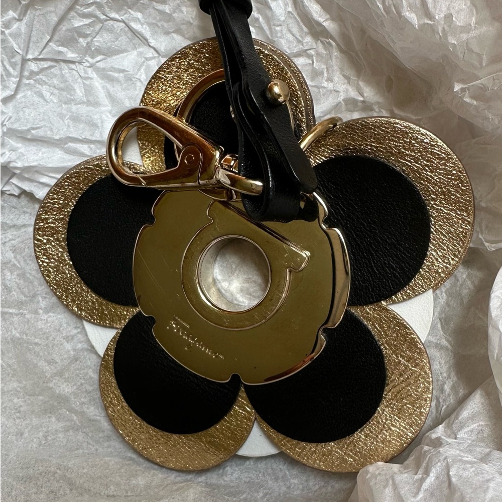 Salvatore Ferragamo Black and Gold Flower Keychain Bag Charm